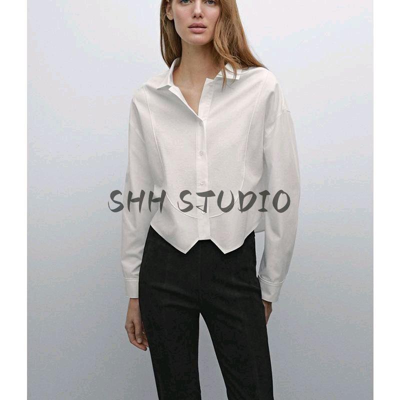 Spring New Women's Clothing French-Style High-Intelligence-Sensitive and Diligent Style Short Inner Wear Long Sleeve White Shirt 5155855