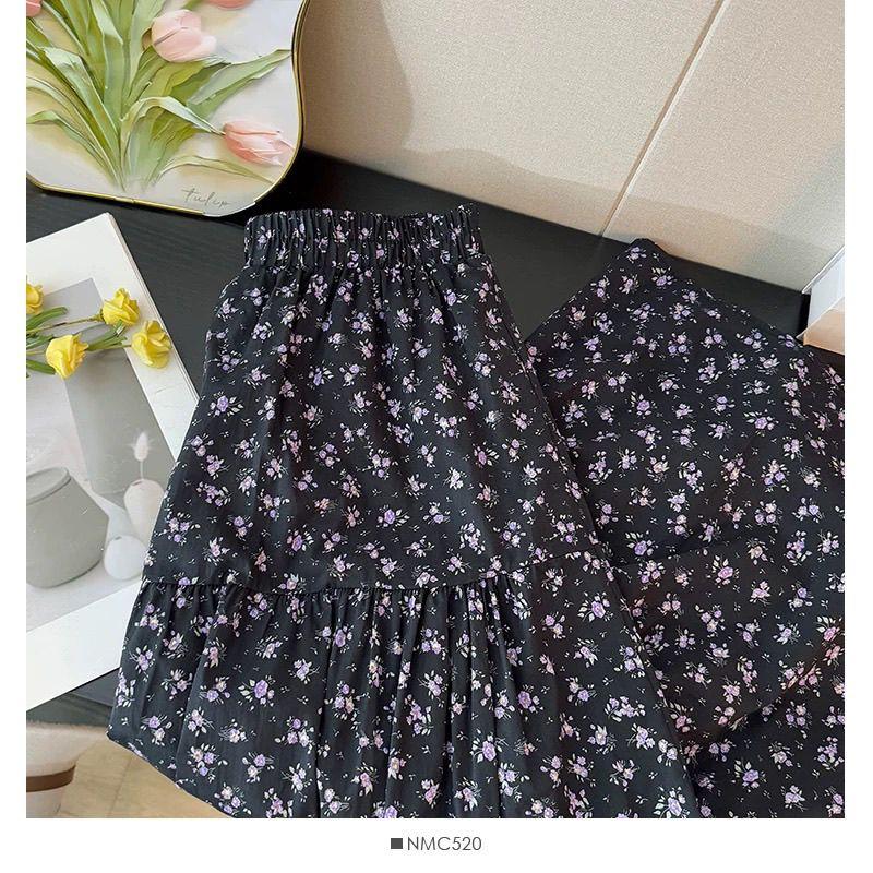 

Корейская юбка миди с цветочным принтом, с высокой талией, стройнящая, летний повседневный дизайн, многоярусная юбка для женщин XL
