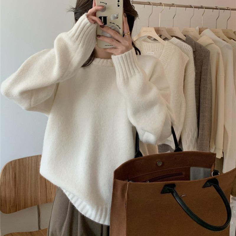 Autumn and Winter New Loose and Lazy Style Round Neck Pullover Sweater with Women's Solid Color Casual Simple Knitted Sweater Thick