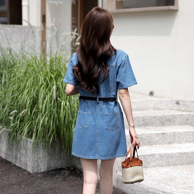 La Chapelle Women's Retro Waist-Cinched Short-Sleeved Denim Dress