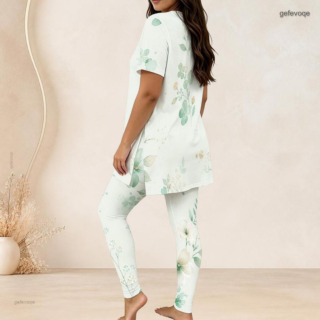 Women Plus Size Two Piece Set Round Neck Short Sleeve Floral Printed Long Top And Fitted Pants