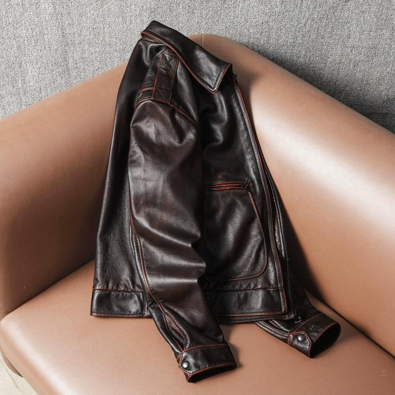 Vintage Distressed Genuine Leather Pilot Jacket for Men Large Size Brown Aviator Coat