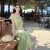 Online business French green small flying sleeves floral dress children's summer V-neck elegant temperament style explosion