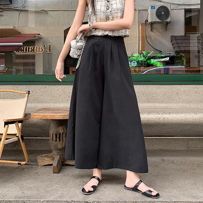 

Wide leg pants ice silk medium and long skirt pants women s summer high waist and thin casual seven-point loose trousers skirt L чёрный