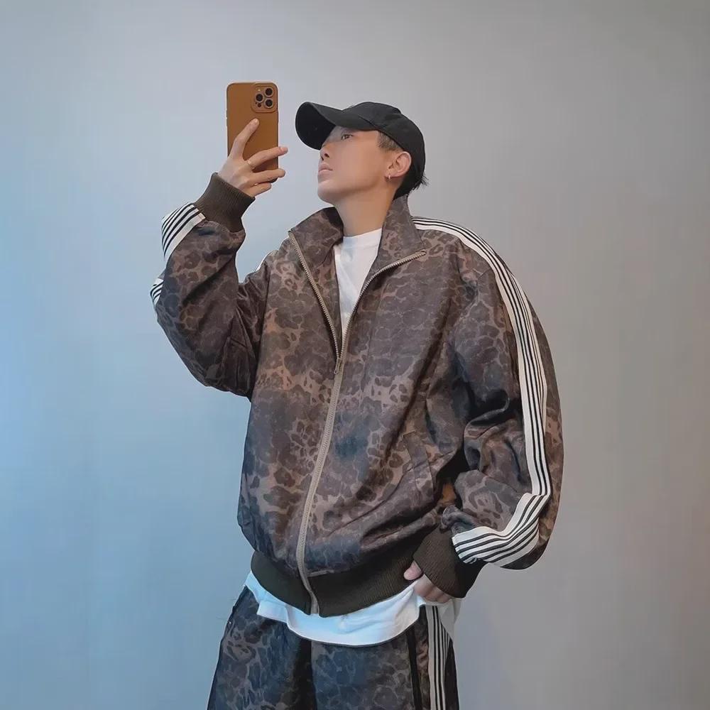 Men's Retro Leopard Print Sports Jacket - Trendy Spring/Autumn Zipper Striped Casual Wear