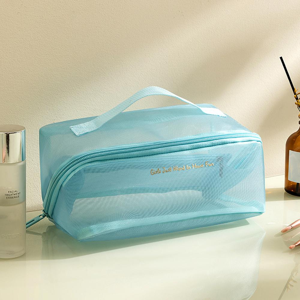 Woman Mesh Makeup Bag Protable Travel Storage Tote Bag Large Capacity Zipper Pouches Transparent Shower Bag With Handle