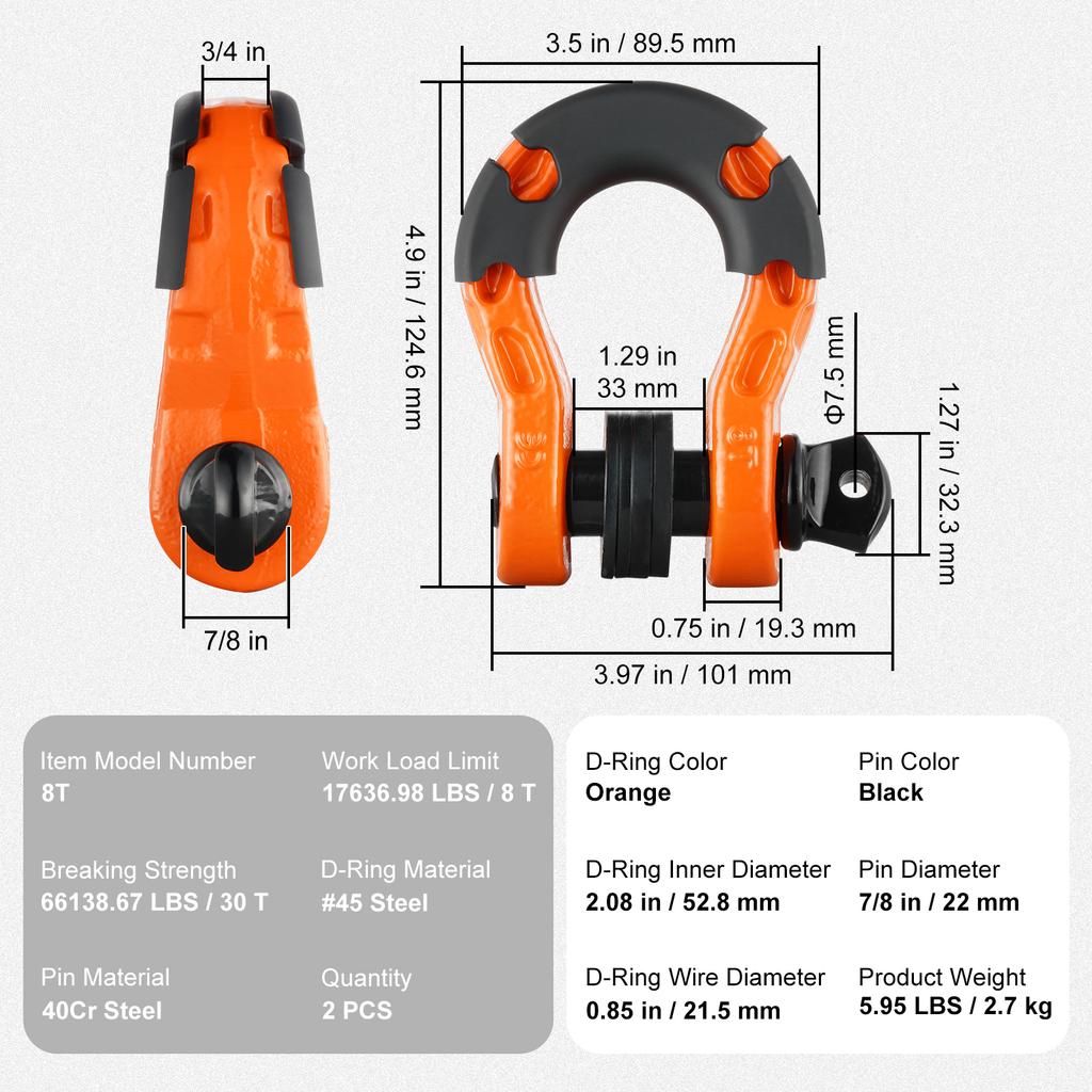 SucceBuy 2pz Grilli ad Anello a D 3/4" Ganci a U con Perni Isolatori e Rondelle 7/8" per Recupero Veicolo Fuoristrada Jeep