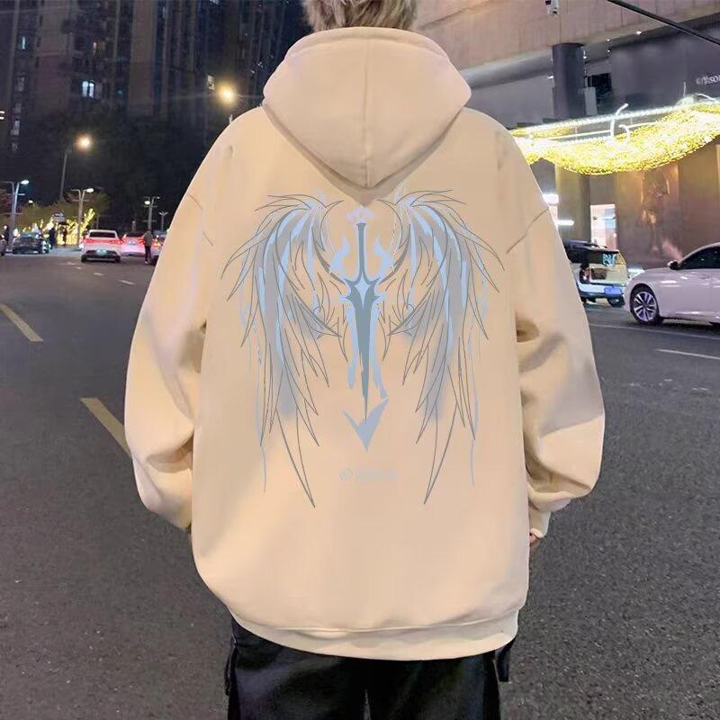 Unisex Dark Street Style Hooded Sweatshirt with Trendy Wings Design