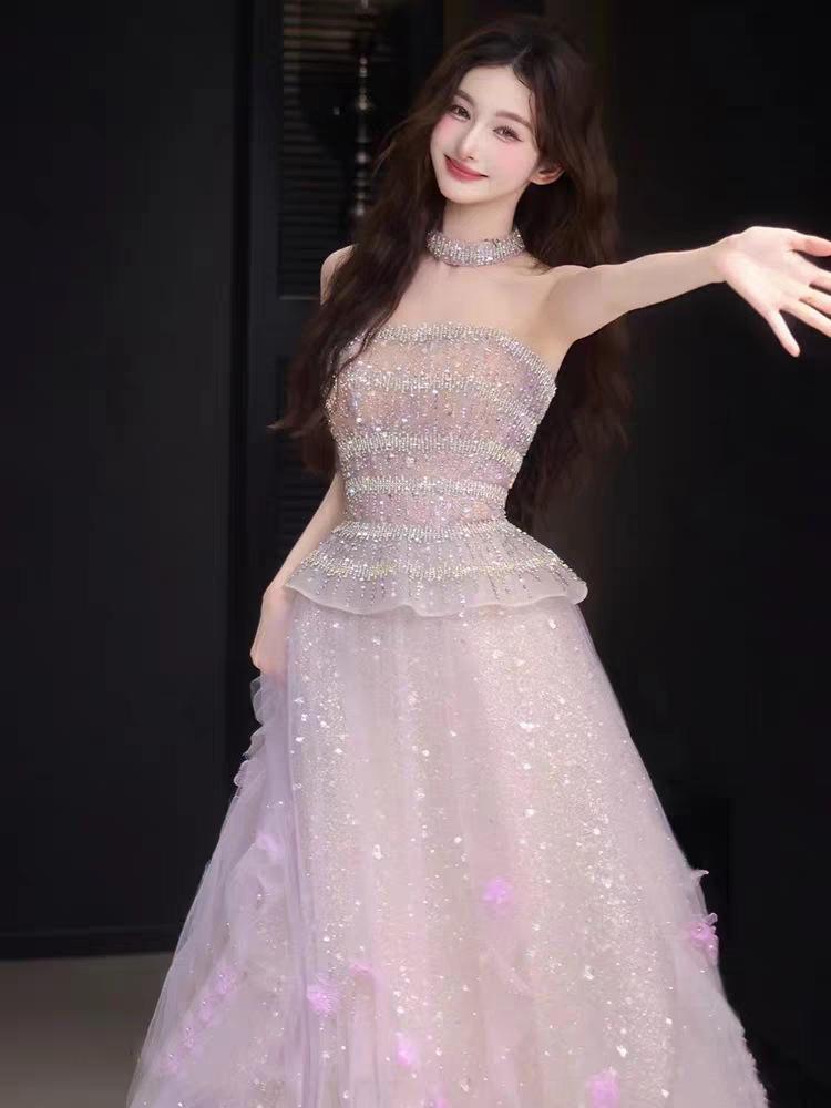 Pink Evening Dress 1011 New Tube Top Banquet Light Luxury Host Dress Niche Engagement Toast Morning Robe