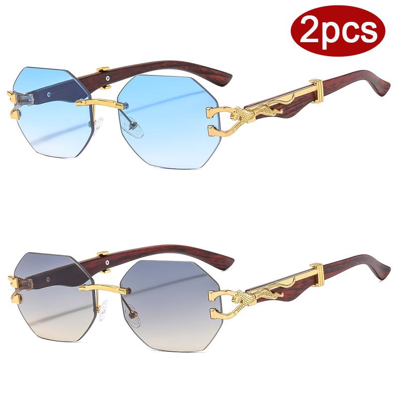 Protective Glasses 2pcs Rimless Polygon Women Sunglasses Leopard Decoration Wooden Leg Sun Glasses Gradient Design Eyewear UV400