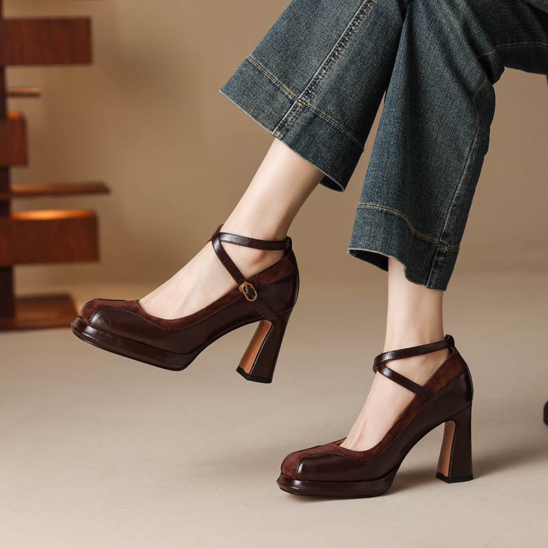 

Krazing Pot Замшевая Коровья Кожа Квадратный Носок Размер 41 Массивный Высокий Каблук Ремешки на Щиколотке Платформа Платформа Повседневные Осенние Туфли 41 коричневый