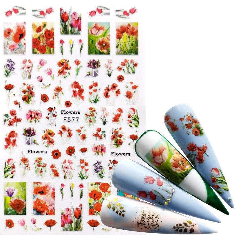 1pc 3D Nail Stickers Spring Summer Natural Flower Leaves Simulation Dried Flower Dragonfly Nail Applique Water Slides Decoration