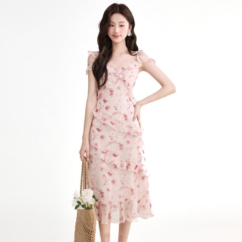 Women's French Retro Floral Spaghetti Strap Ruffle Dress - Petite, Summer Beach Vacation