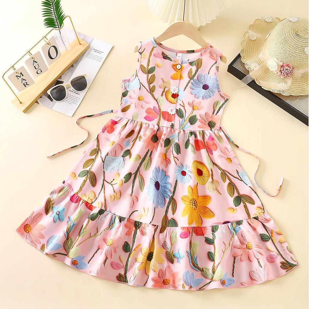 3D Floral Princess Strappy Midi Dress for Girls - Summer Beach Style