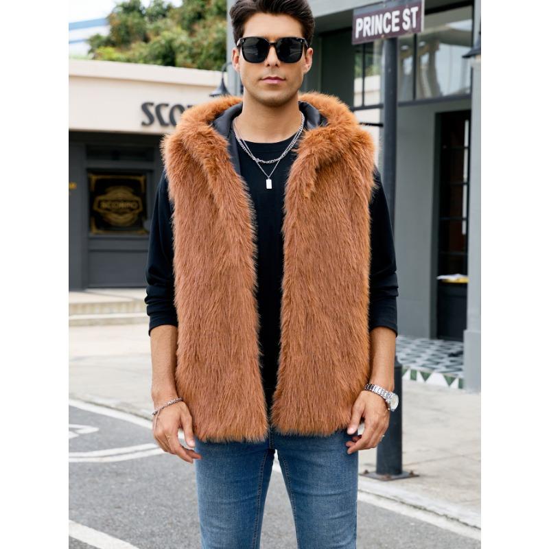 Herrväst med huva i randigt fuskpäls Varm Ärmlös Casual Väst