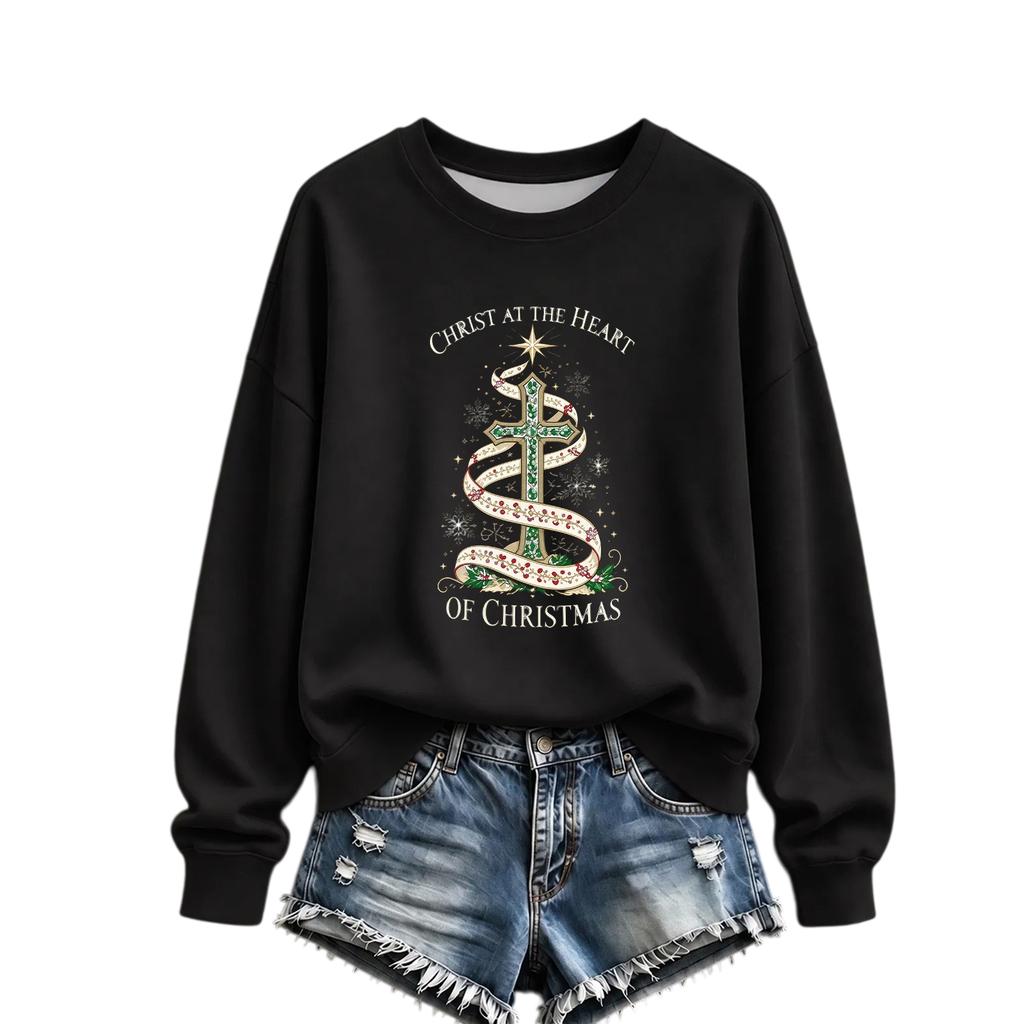 Women's Christmas Print Long Sleeve Crewneck Sweatshirt Casual Holiday Pullover Top