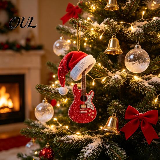 Music Fan Gift Red Guitar Christmas Ornament, 2D Flat Acrylic Hanging Pendant with Decorative Santa Hat, Country Tree Decoration, Holiday for
