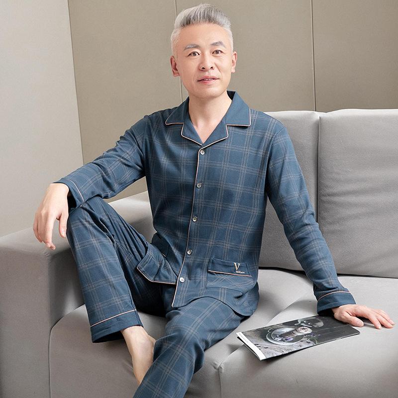 Men's pure cotton pajamas Dad's long-sleeved loungewear for the elderly Men's spring, autumn and winter red natal year suit