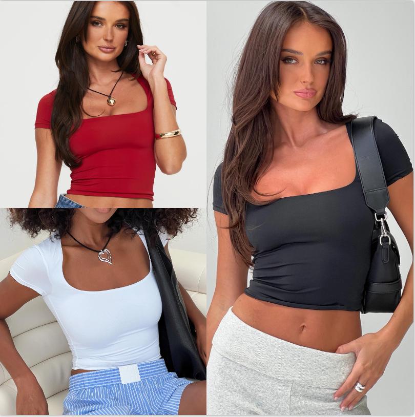 Women's 2024 European & American Slim Fit Solid Color Short Sleeve Square Neck Summer Casual T-shirt