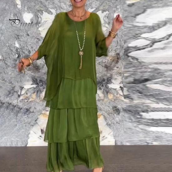 Evenig Dress Layered Scattered Cake Hem Half Sleeves Maxi Dress Bat Sleeves Baggy Round Neck Chiffon Dress for Party Prom