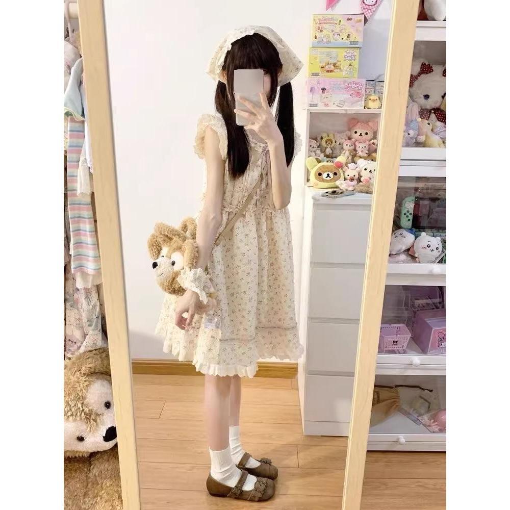 Japanese sweet and cute little flying sleeve floral dress, summer art raw milk whoo, small princess short skirt