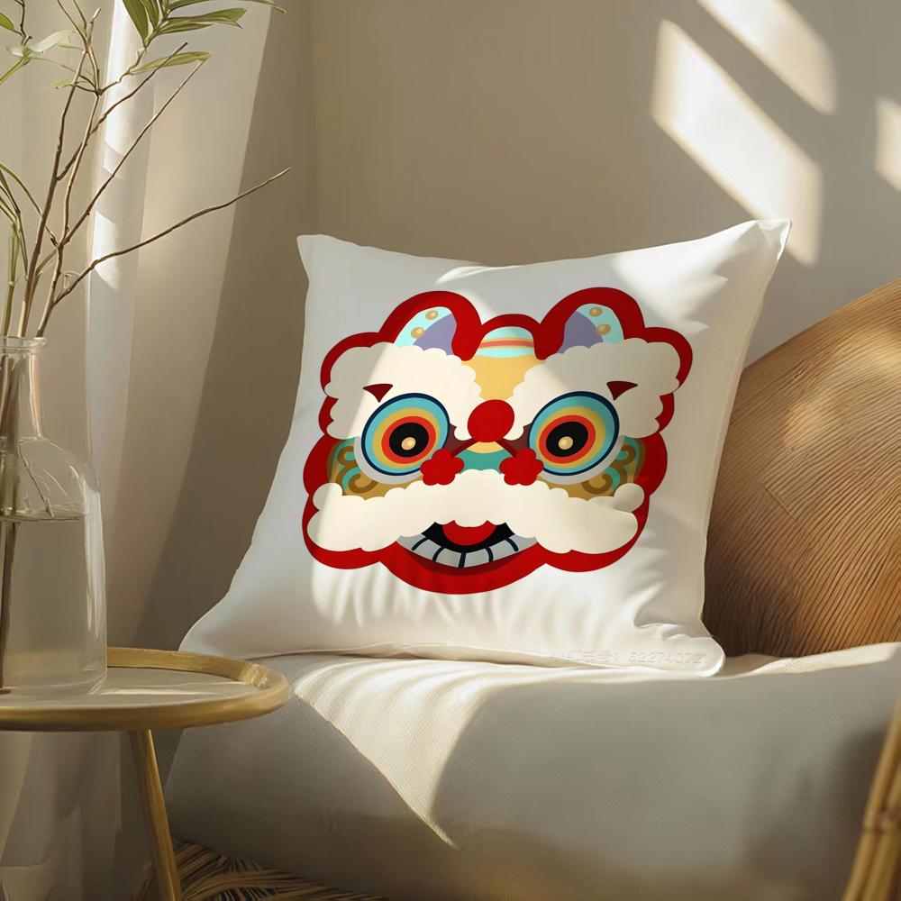 Oriental Festive Lion Print Pillow Case Double-Sided Plush Sofa Cushion Covers Organic Breathable Invisible Zipper