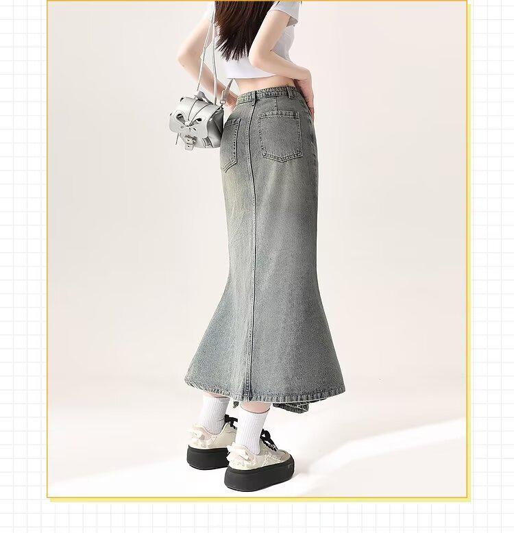 2024 High Waist A-Line Split Fishtail Denim Skirt for Women