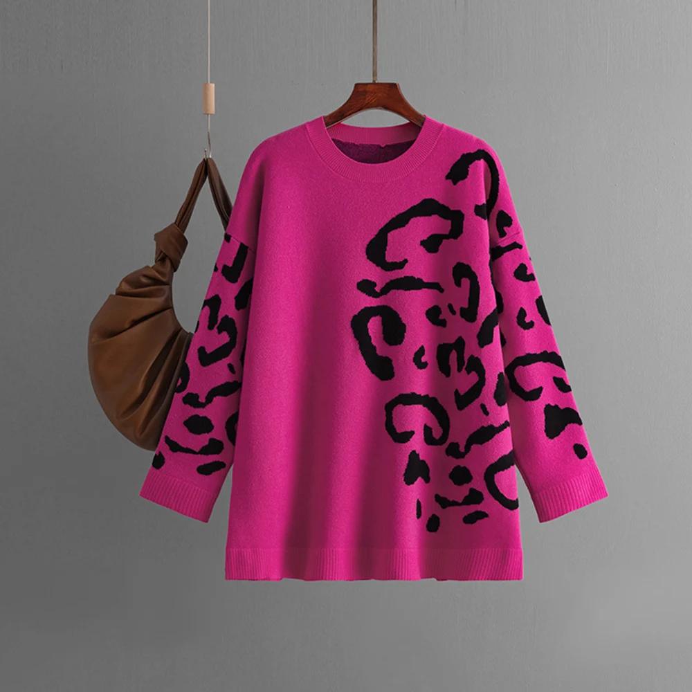 Sweater Women Leopard Printed Pullovers Loose Long Sleeve O-Neck Knitted Jumpers Warm Basics Autumn Winter Fashion Tops