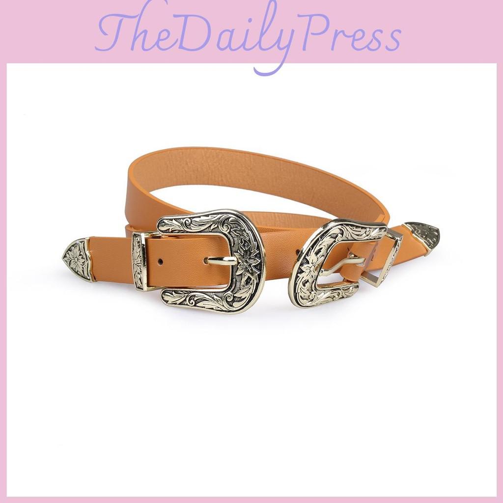 Button Double Women Faux Leather Belt With Floral Decor For Office Wears Casual