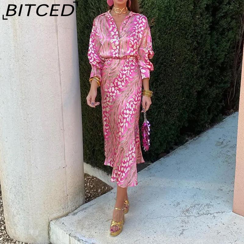 

BITCED Women s Summer Elegant Print Collared Long-Sleeved Shirt and High-Waisted Skirt Fashion Set XXXL