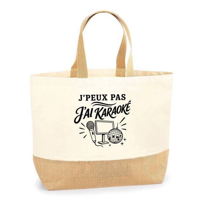 Sac J’peux pas j’ai Karaoké J'peux pas minimaliste | Cabas en Coton avec Fond Jute 18 L 48 × 37 × 13 cm | Marché Shopping Plage