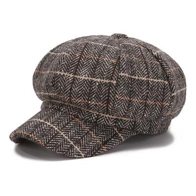 Korean Style Women's Plaid Wool Beret - Versatile Eight-Panel Cap for Autumn and Winter