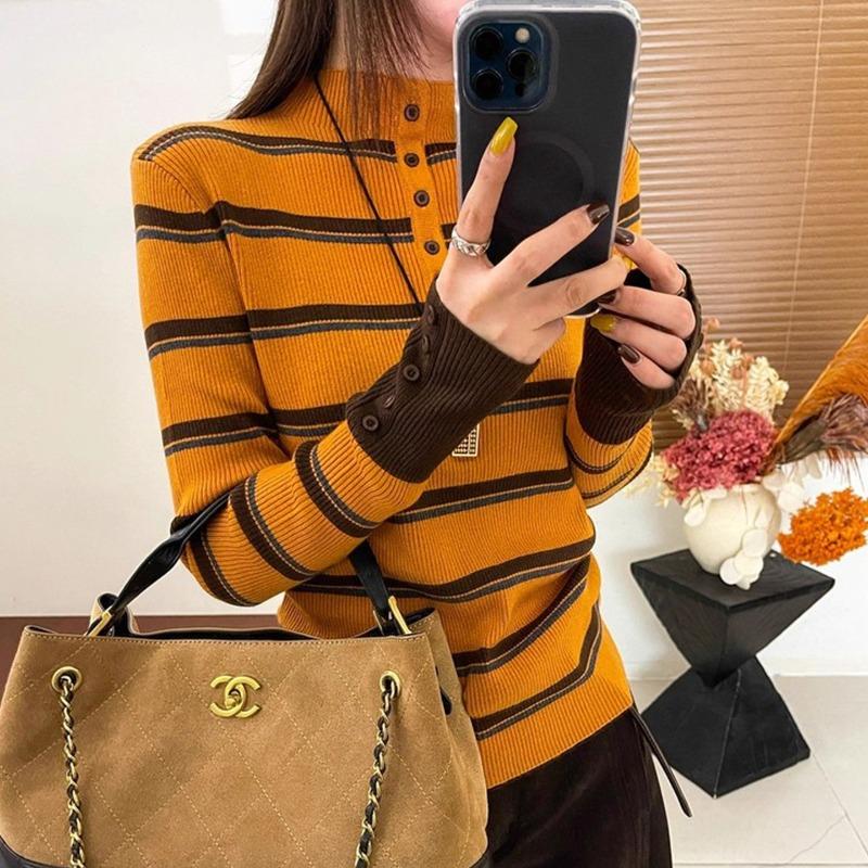 

Small stand-up collar stacked with contrasting striped knitted sweater, autumn and winter button retro long-sleeved top, and sweater inside for women L помаранчевий