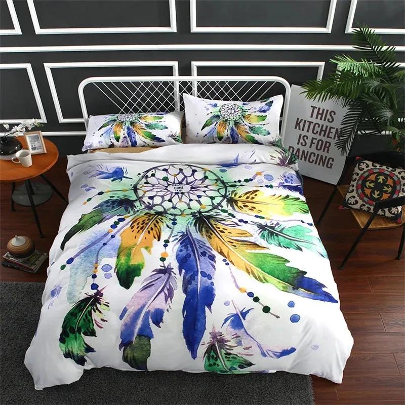 Dreamcatcher Duvet Cover Sets Bohemian Magic Feather Blue Galaxy Bedding Set Luxury Dream Catcher Comforter Cover Set Full Size