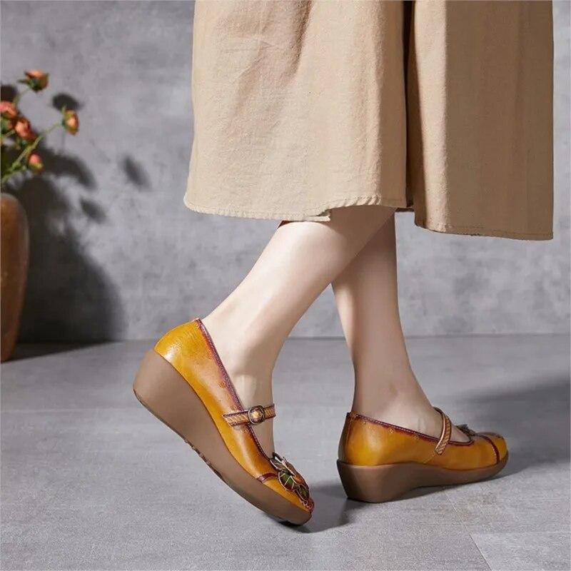 Johnature Vintage Květinové klíny Sandály Ručně vyráběné pravé kůže v etnickém stylu Pohodlné dámské boty
