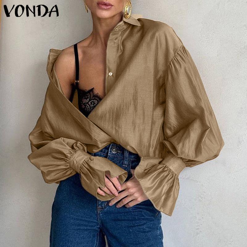 VONDA Women Lapel Neck Long Sleeve Semi-Sheer Thin Casual Shirts Blouse