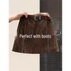 Plus Size Retro Brown A-Line High Waist Suede Velvet Skirt-Pants for Women - Spring Autumn PU Leather Mini Skirt