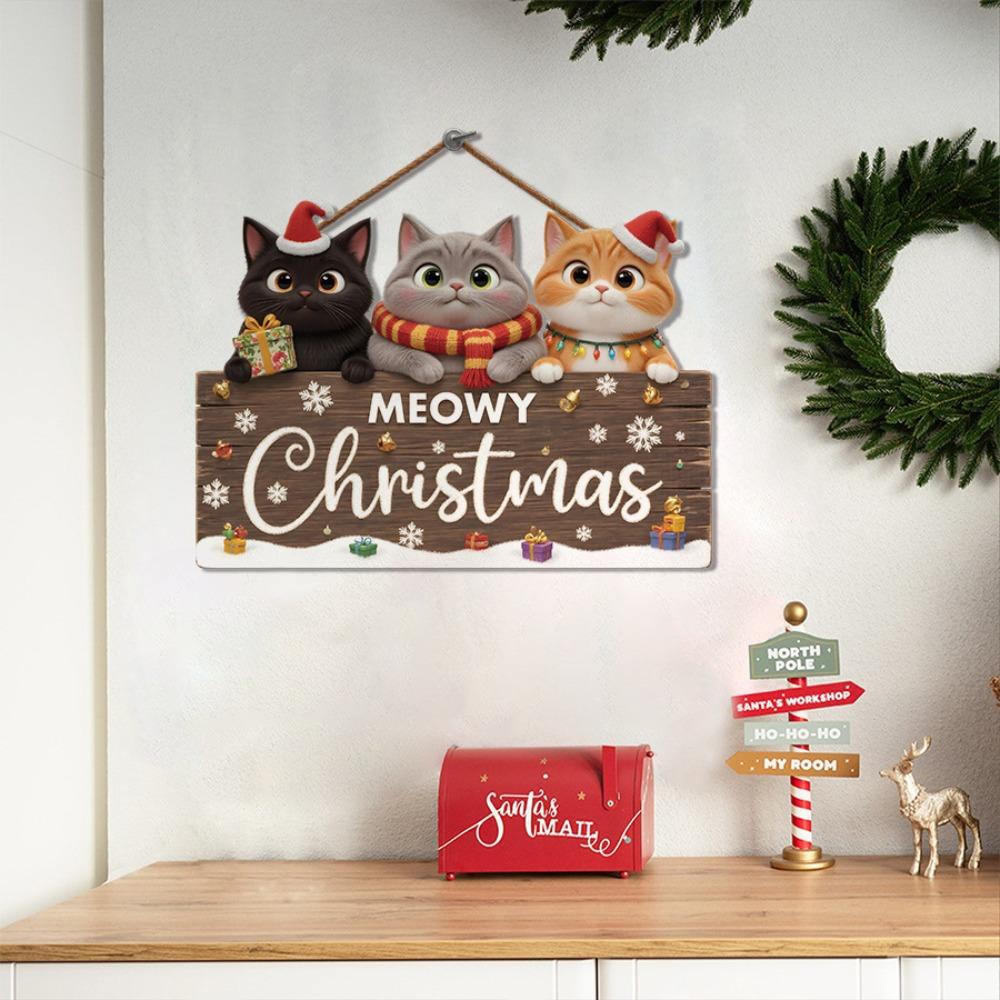 New Wooden Christmas Hanging Ornament 2D Flat Cute Cat Pendant Creative Christmas Supplies Wall Decor for Door Bedroom