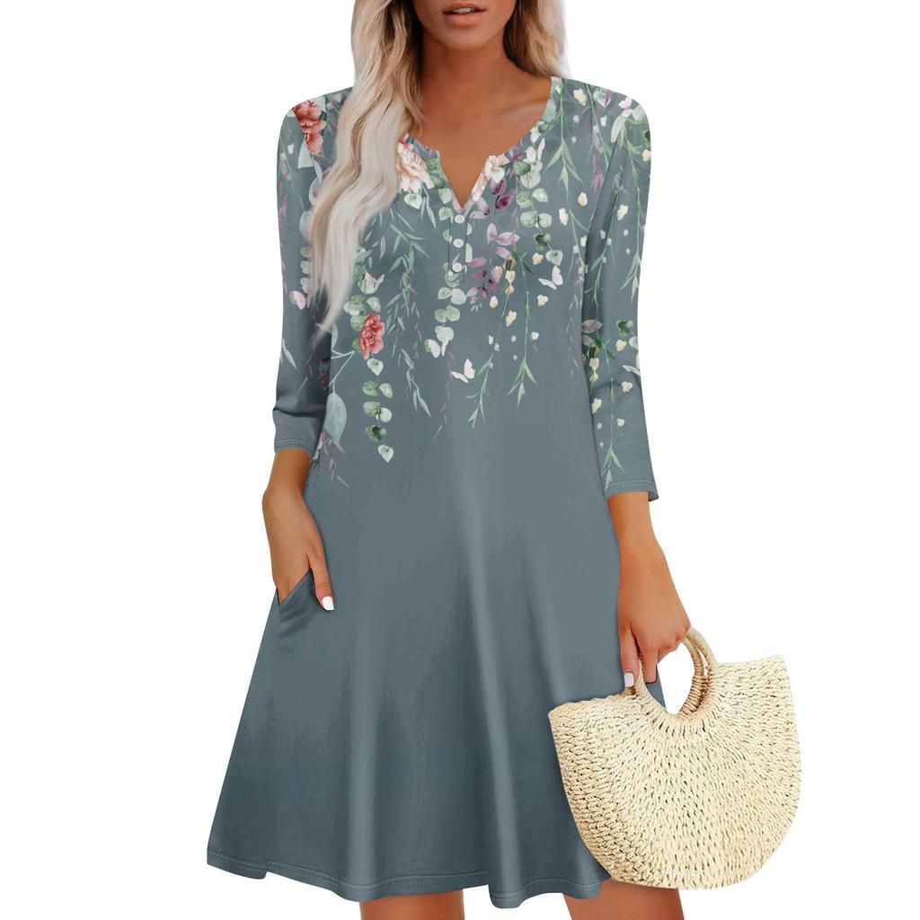 Women's Summer Dress Loose V Neck Three-quarter Sleeve Sundress With Pockets Dress