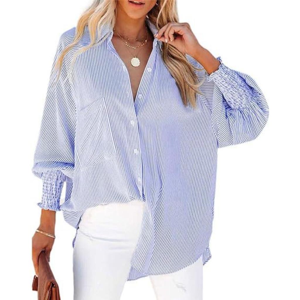Pocket Shirts Striped Long Sleeved Loose Casual Women's Blouses & Shirts
