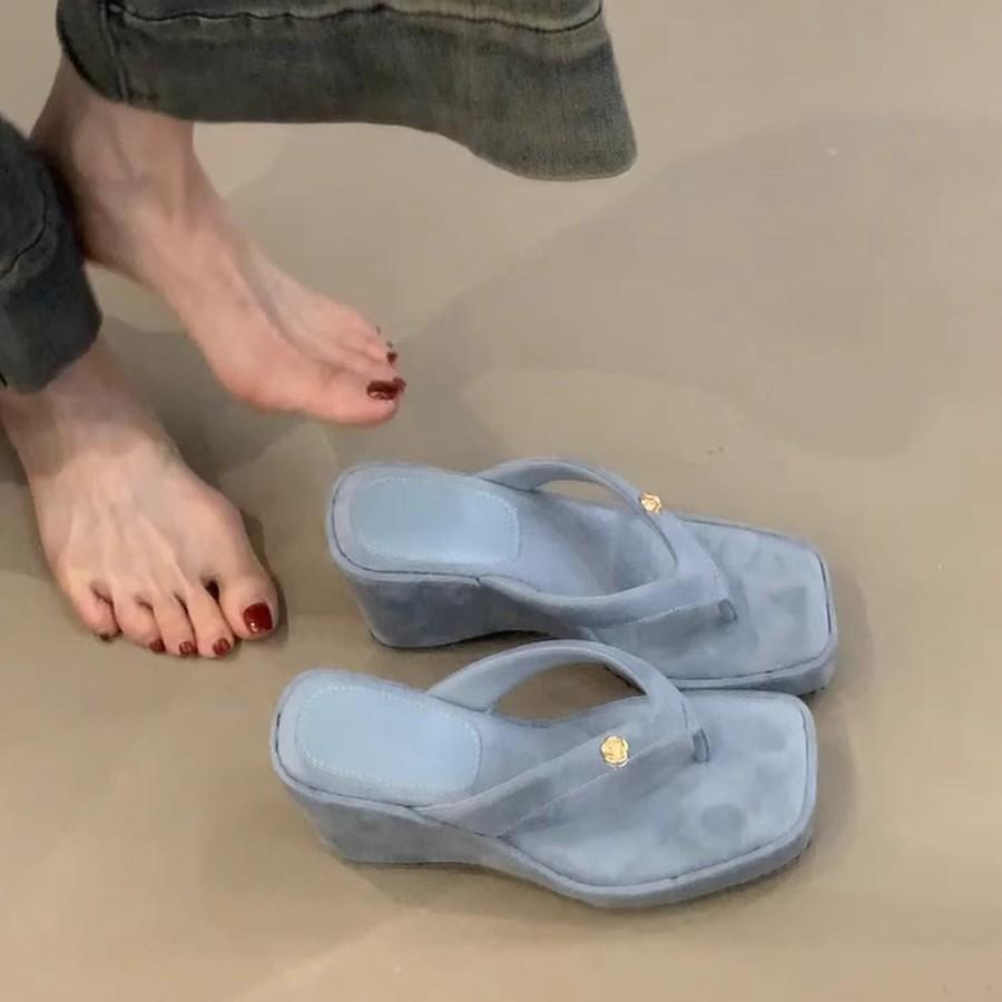 Soft Leather Version~ Thick Bottom Heightening Flip-flops Women Wear Small Fragrant Wind Toe High Heel Cool Slippers Casual Beach Slippers