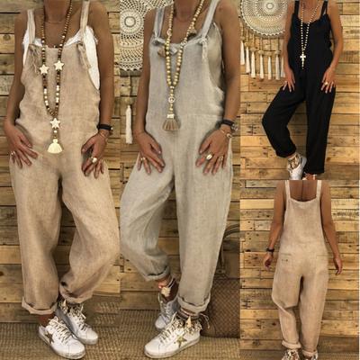 Curve-Friendly Suspenders Romper Relaxed Fit Wide Strap Jumpsuit W/ Adjustable Ties, Plus Size Boho Palazzo Pants for Beach & Street