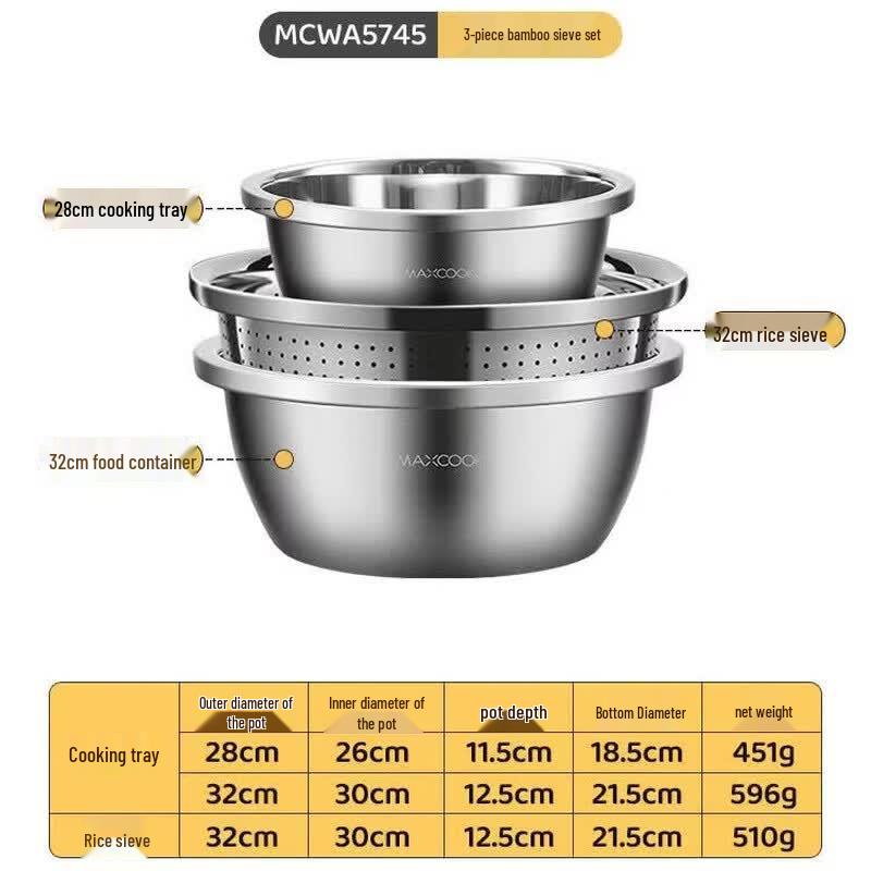 MAXCOOK Thickened 316L Stainless Steel Basin & Sieve 2-Piece Set