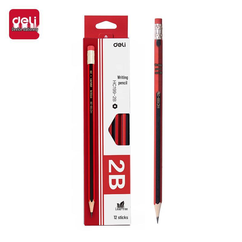 Deli HC199 Hexagonal Red/Black Striped 2B/HB Pencil with Eraser Medium