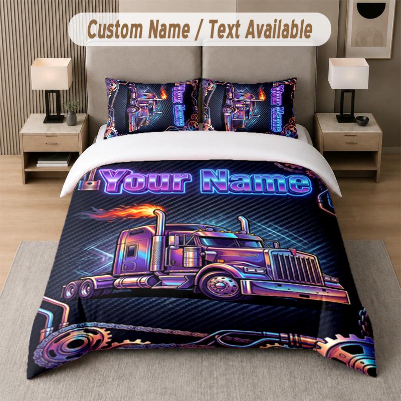Truck Theme Custom Text Or Name 3Pcs Bedding Set 1 Flat Sheet & 2 Pillowcases Personalized Home Bedding