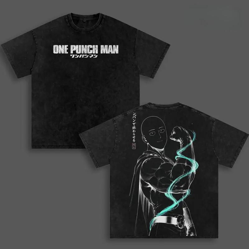 One Punch Man Saitama Potisk Streetwear Pánská Dámská Trička Krátký Rukáv Bavlněné Oblečení Vintage Prané Tričko Ležérní Volné Topy