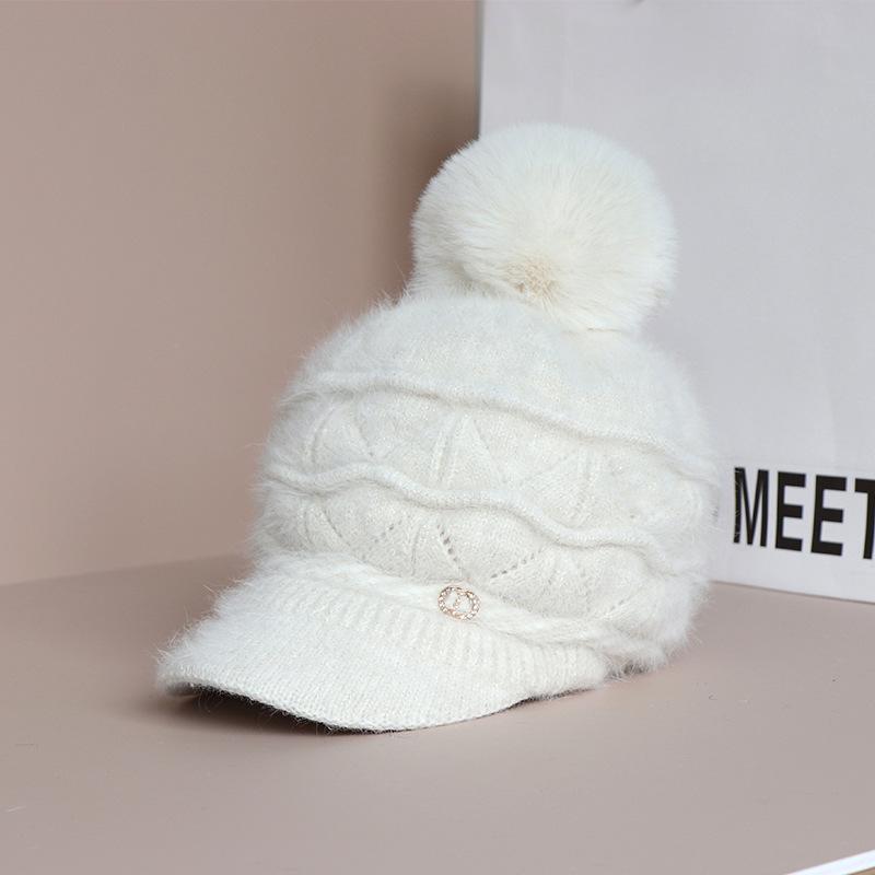 Autumn and Winter Hat Female Winter Warm Padded Knitted Cap Wool Cap Thickened Duck Tongue Cap Warm Plush Ear Protection Cap Beret