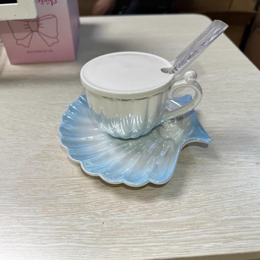 Gradient Pearl Shell Ceramic Coffee Cup European Coffee Cup Saucer High Value Ceramic Cup Saucer