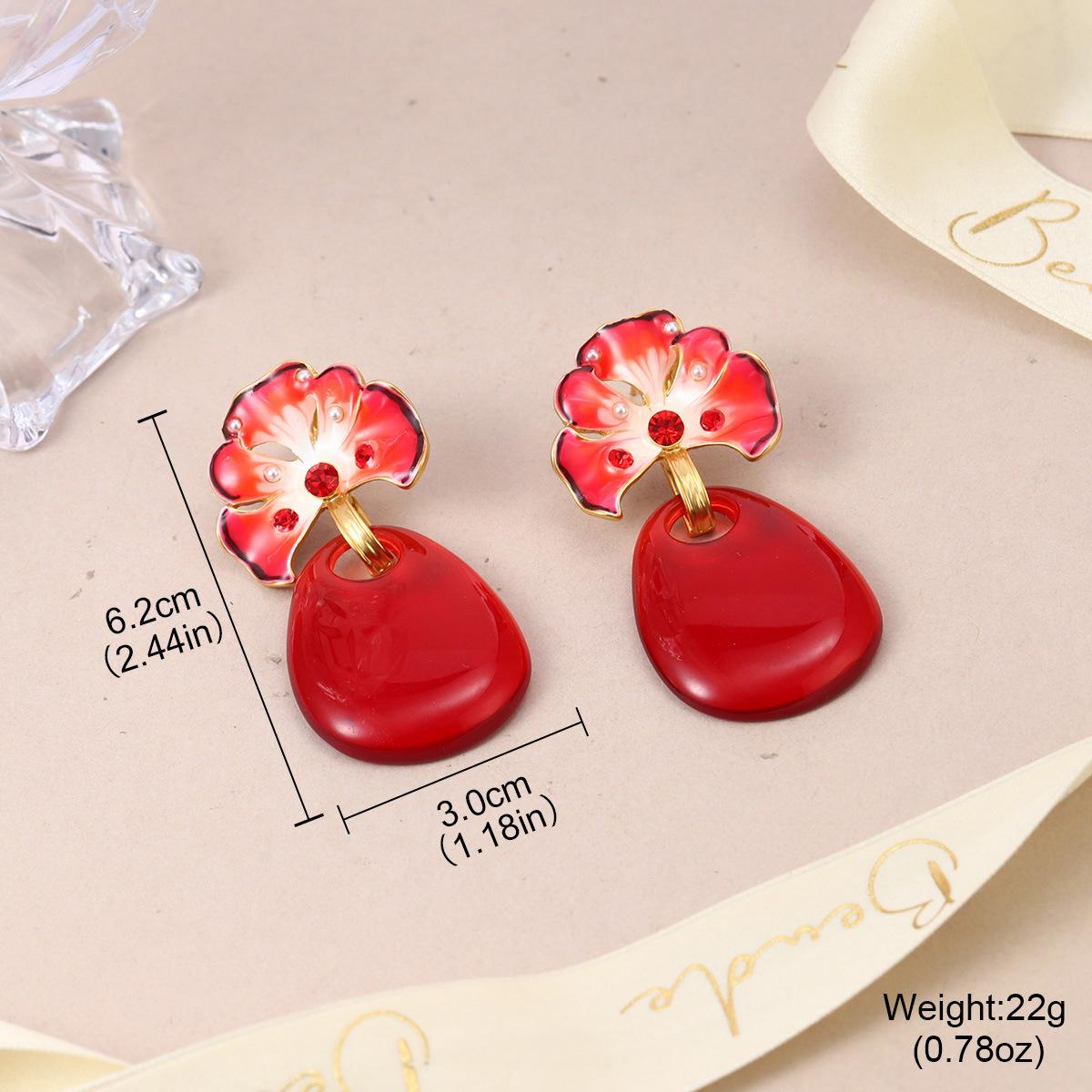 

New Chinese style national style enamel spring color pearl burgundy flower earrings new high-end temperament fashionable retro earrings