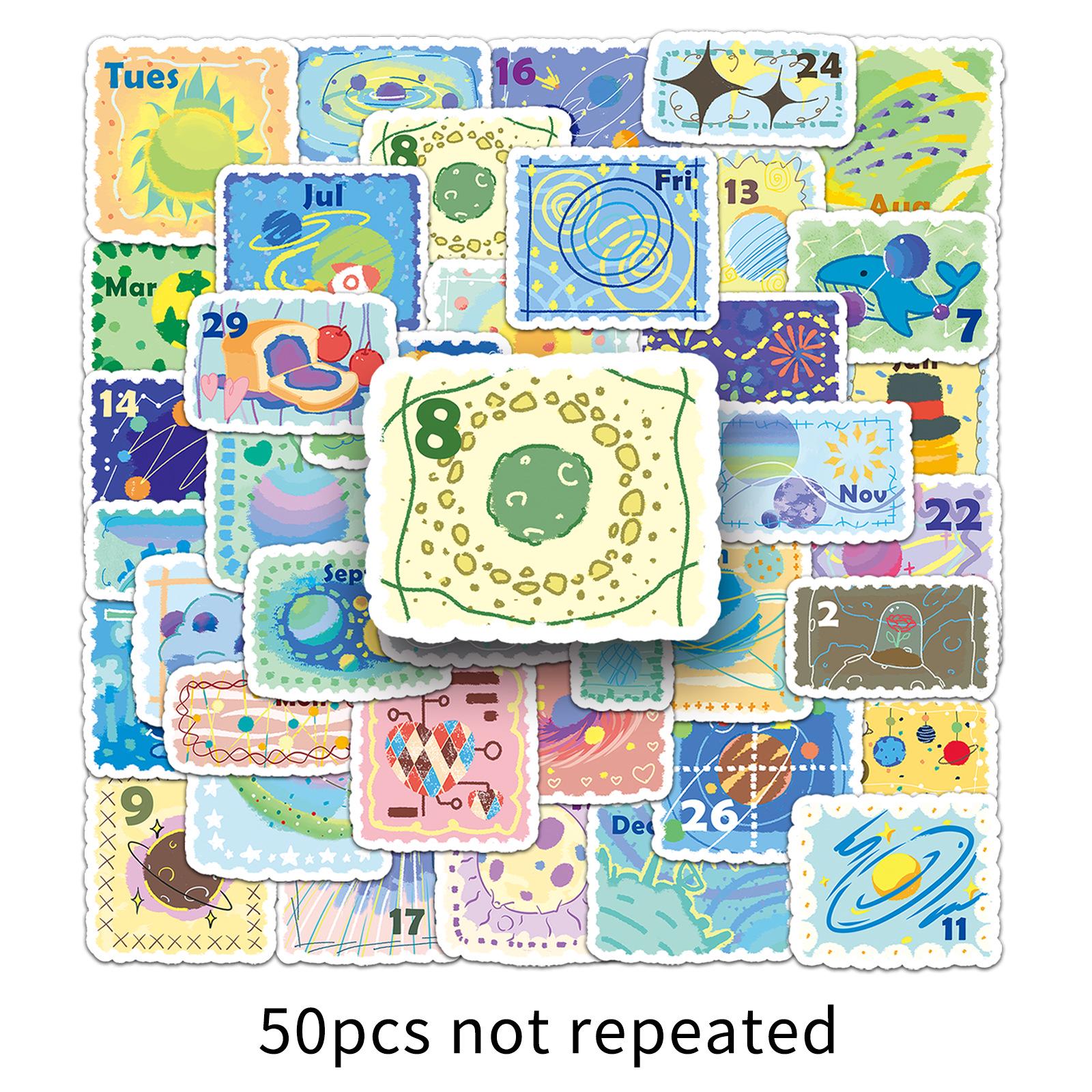 50 Sheets Hand-Drawn Date Stamp Stickers - Waterproof, Fresh Graffiti-Style Journal Decoration